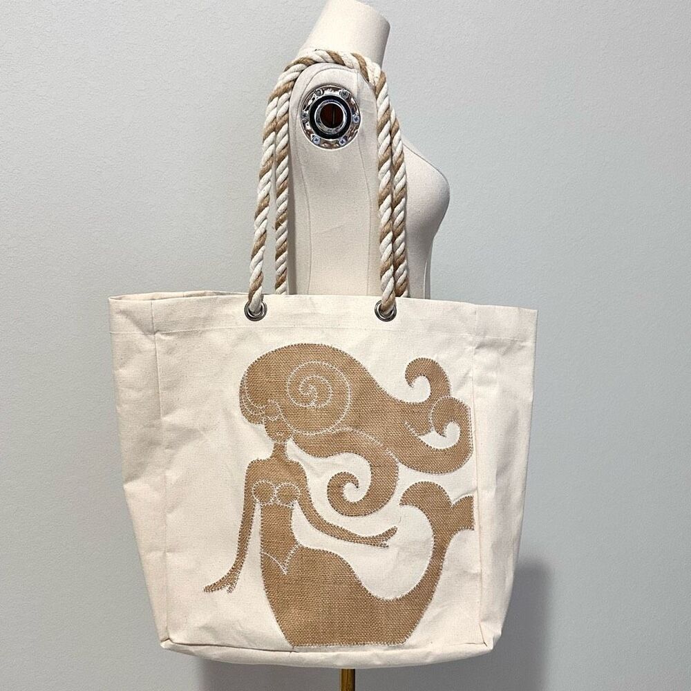 Mermaid Cotton Canvas Tote Bag Large Neutral Coastal Beachy Whimsical OS